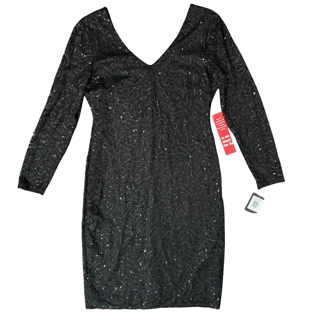 Marina Black Sequin Sheer Long Sleeve V-Neck Low Back Dress size 14 NEW Tags